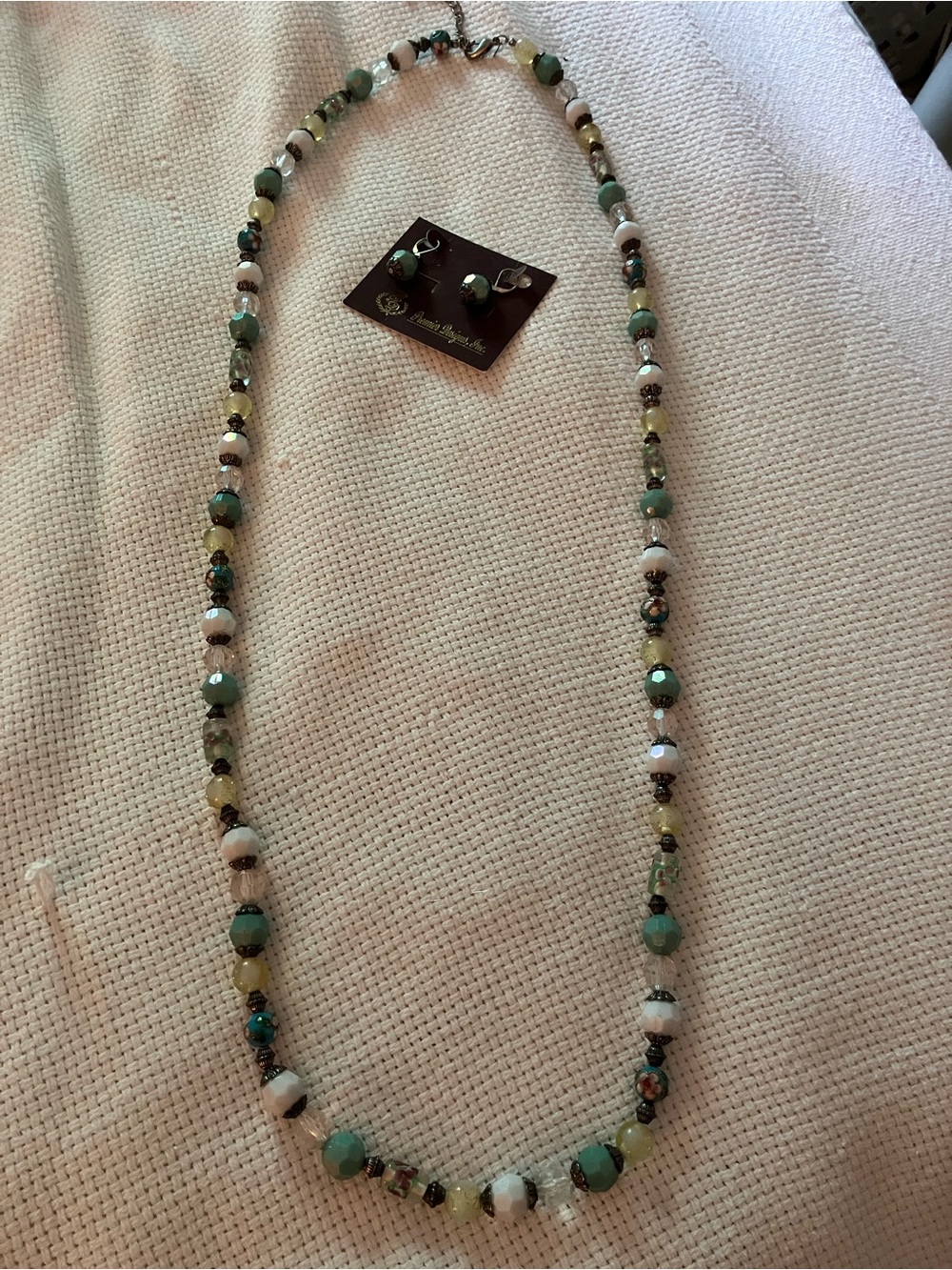 Vintage Green and White Beaded Necklace with Matching Earrings